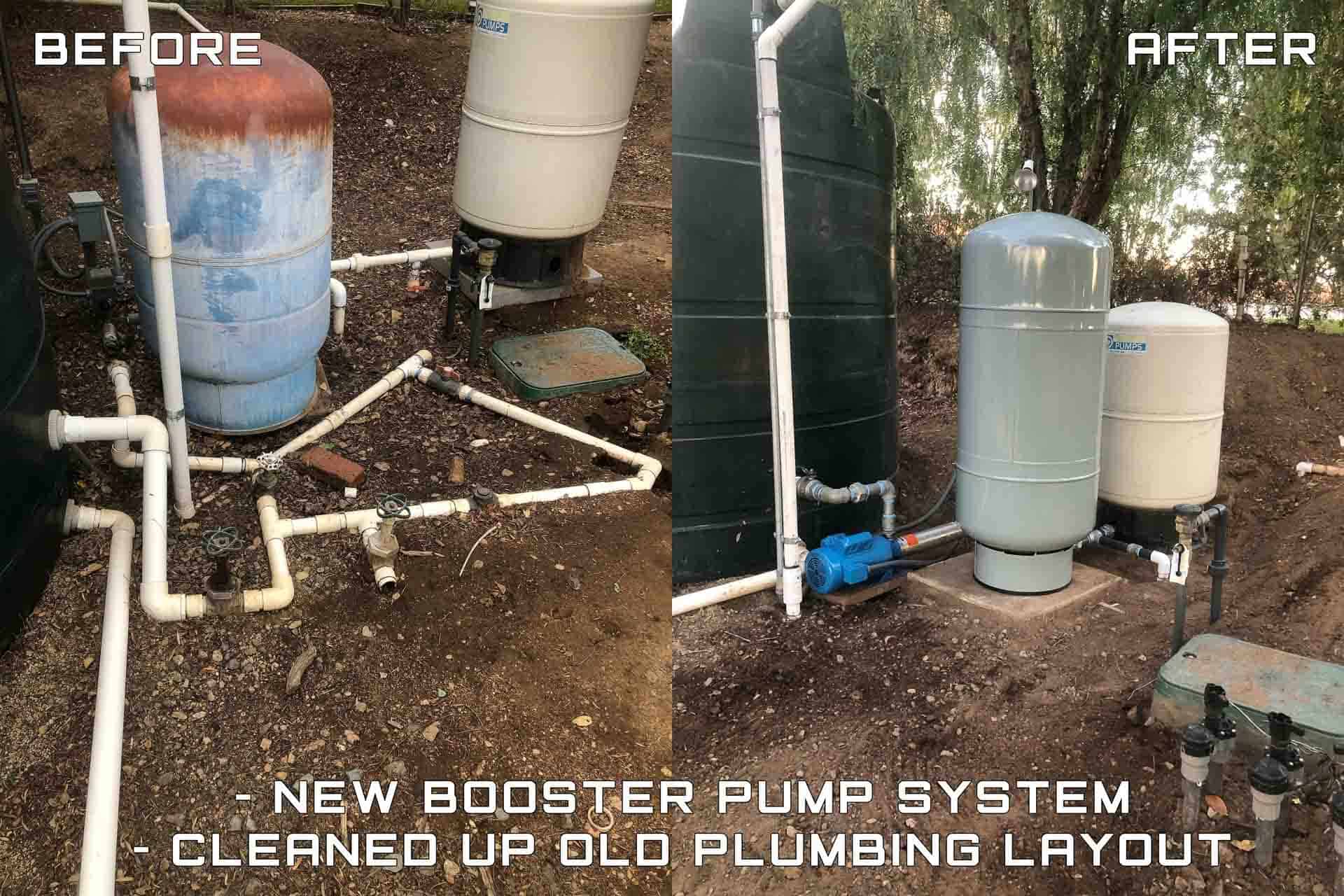Before and after comparison of a booster pump system upgrade. Left: Old, rusted pressure tank with disorganized PVC plumbing. Right: Newly installed pressure tank, booster pump, and streamlined plumbing for improved water pressure and efficiency.