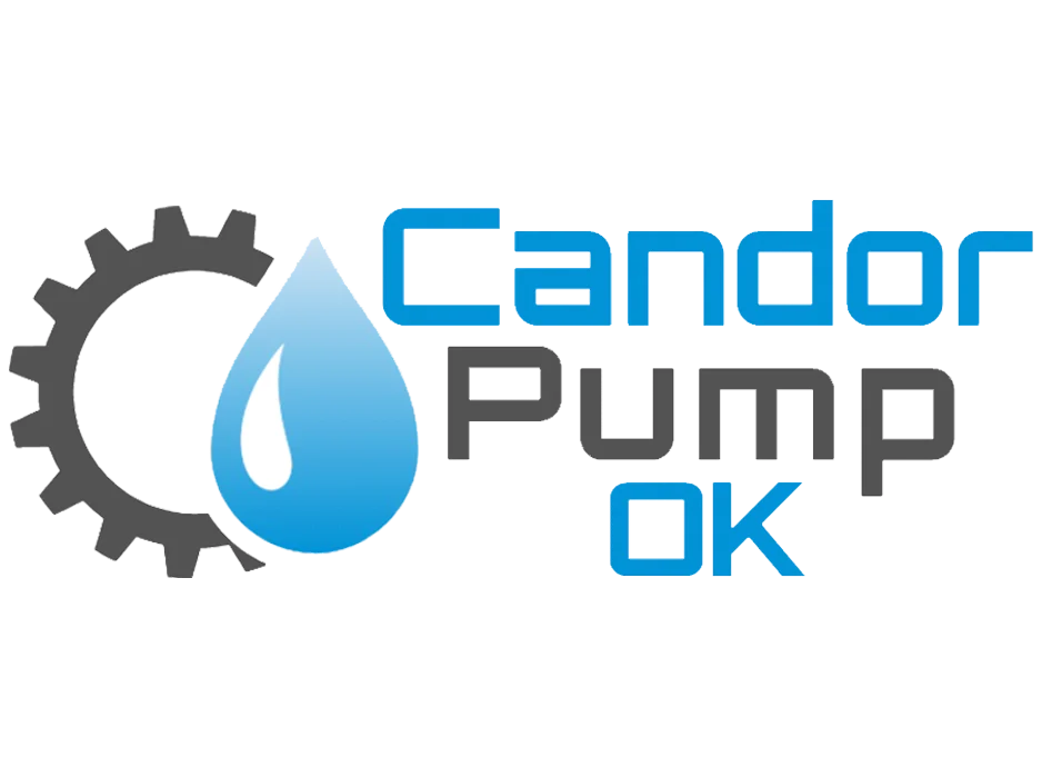 Candor Pump OK logo featuring a blue water droplet, a black gear, and bold blue and black text.
